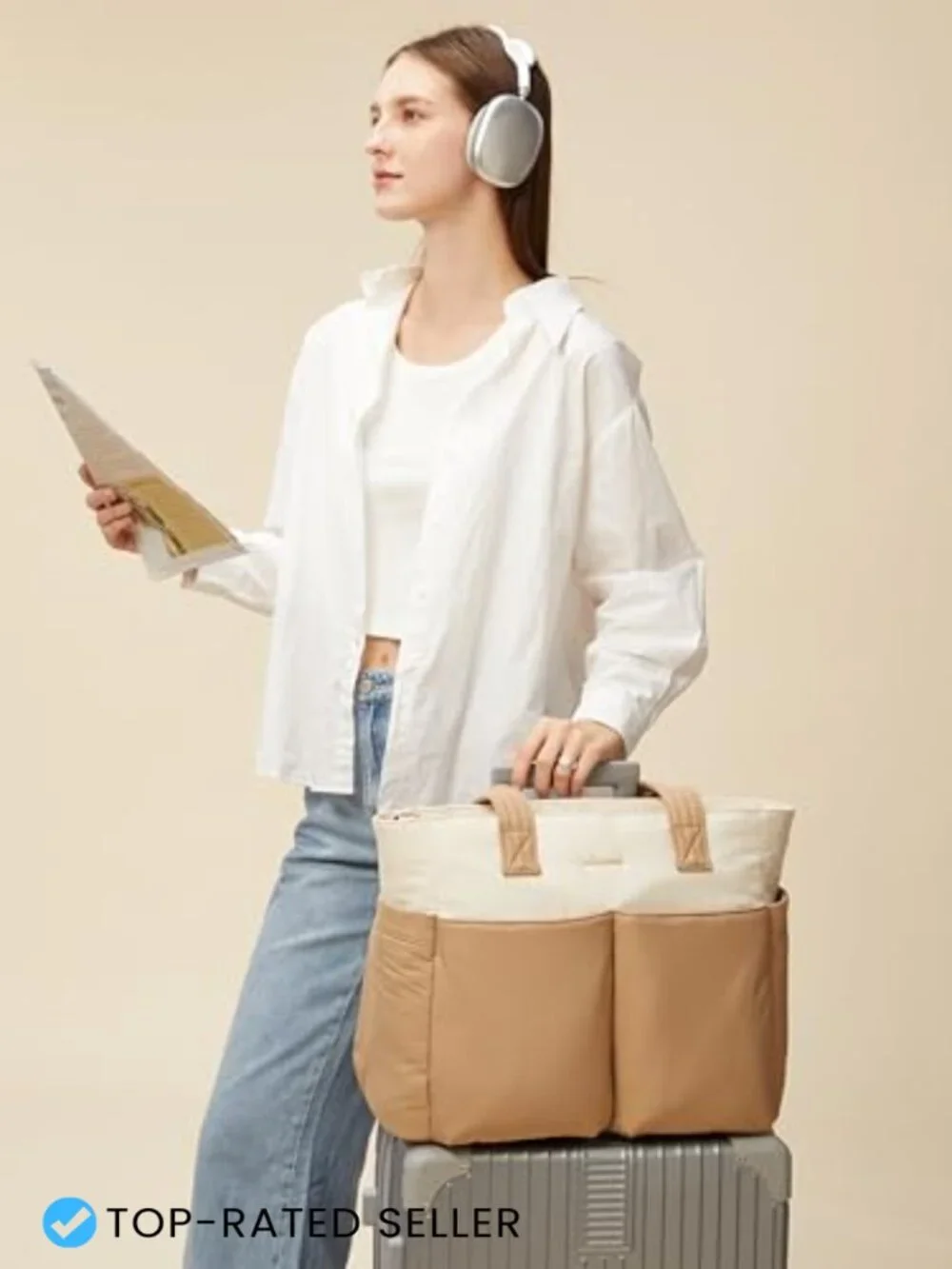 Puffer Tote Bag with 8 Pockets & Cosmetic Pouch, Waterproof Work Tote for